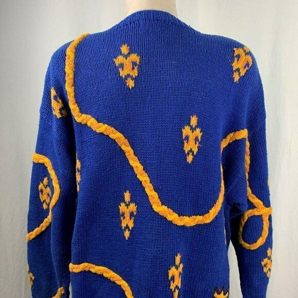 Vintage 80s Hand Knitted Cardigan Sweater M Blue Crest Shoulder Pads Embroidered - Picture 7 of 9
